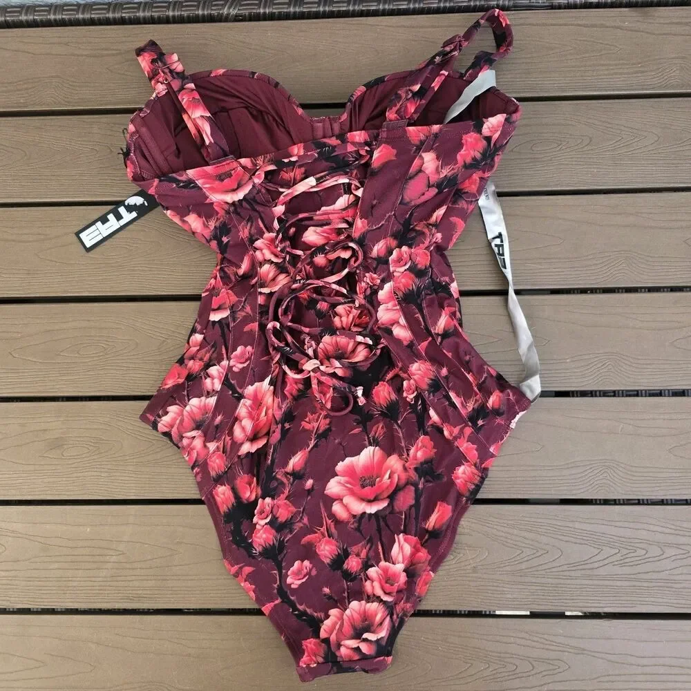 TA3 Womens Wine Floral Lushy D/DD cup Swim body sculpt Sz XL X Long Torso New